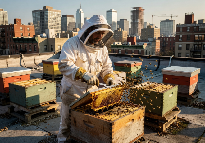 Beekeeper in protective suit tending to beehives on an urban rooftop with city skyline in background