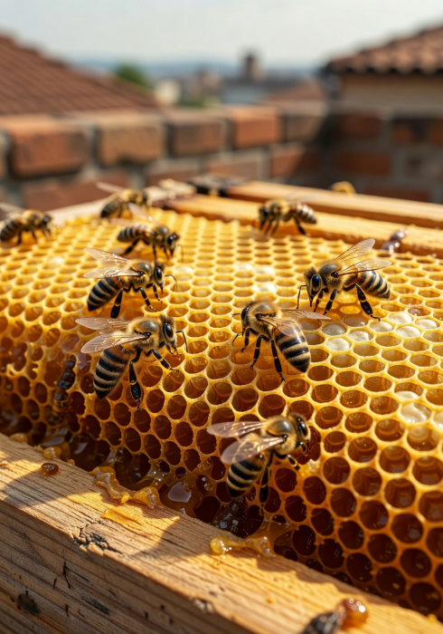 Close-up of golden honeycomb with bees working on a rooftop hive frame