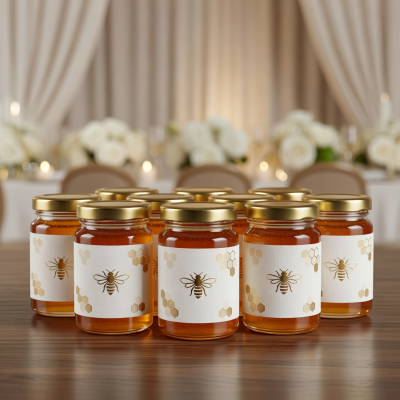 Corporate honey gift favor jars with custom labels for events and weddings