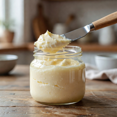 Creamed honey in a wide-mouth jar with a spreading knife