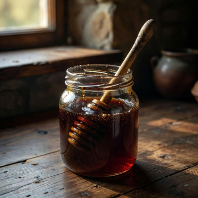 Dark amber honey in a rustic glass jar with wooden honey dipper