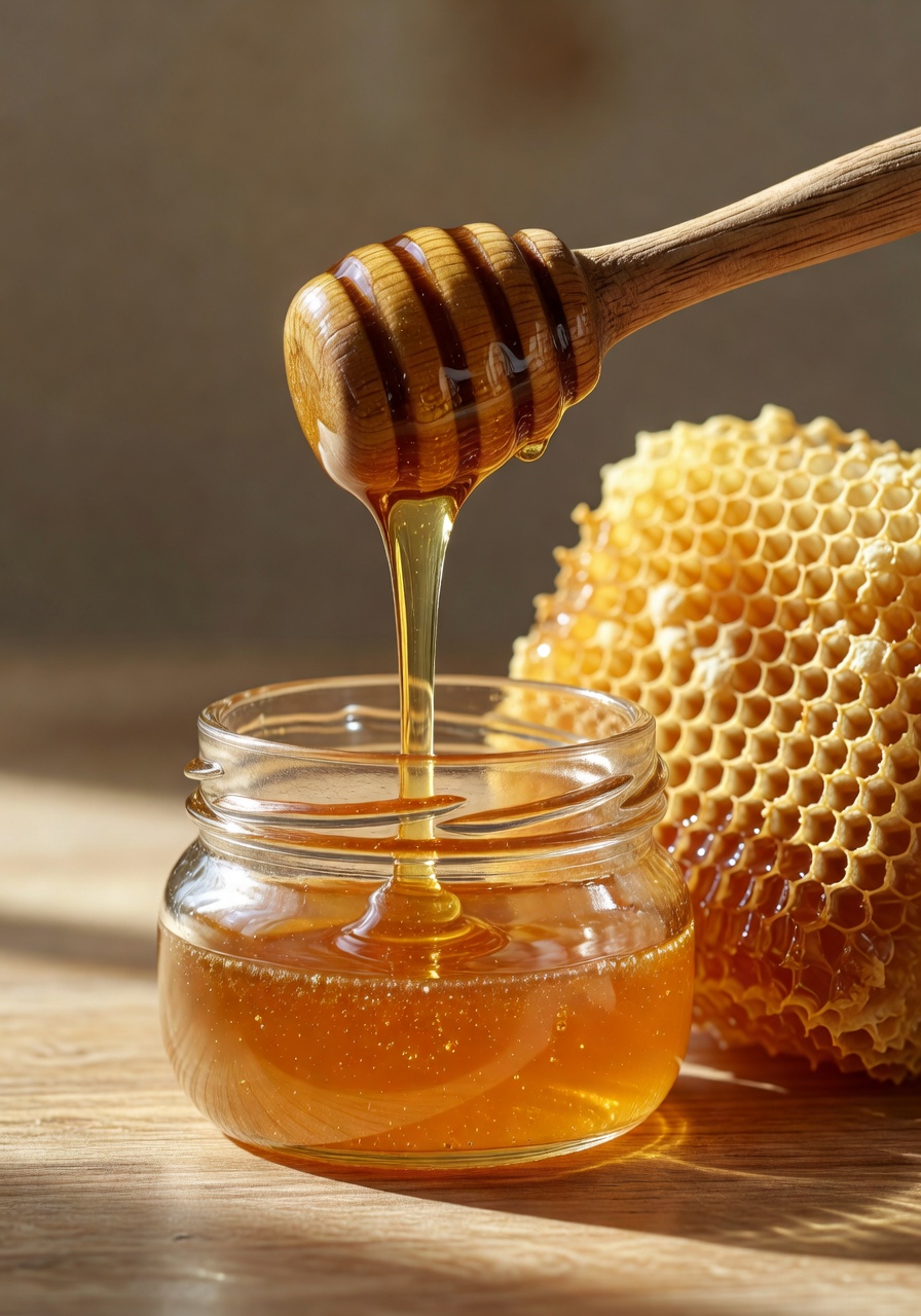 Golden honey dripping from a wooden dipper into a glass jar with honeycomb in background