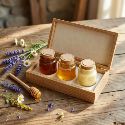 Honey tasting trio gift box with three small jars of different honey varieties