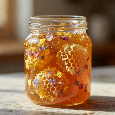 Jar of golden wildflower honey with honeycomb pieces and dried flowers