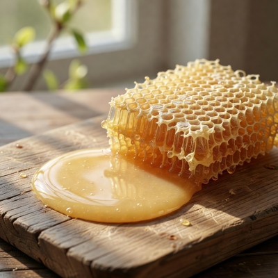 Light golden spring honey with fresh honeycomb on a wooden board