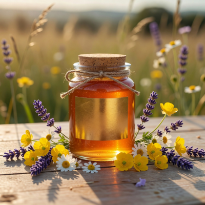Limited edition summer solstice honey jar with gold label and summer flowers
