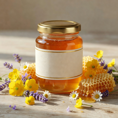 Luxury limited edition honey jar with gold label surrounded by summer flowers and honeycomb