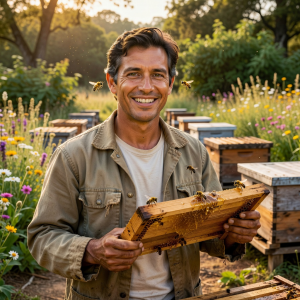 Portrait of Alex Rivera, founder and head beekeeper, smiling outdoors