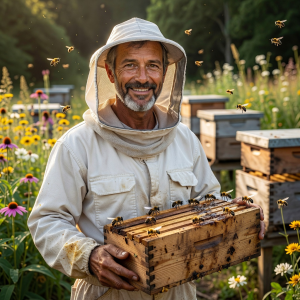 Portrait of Marcus Webb, lead apiarist, wearing a warm smile