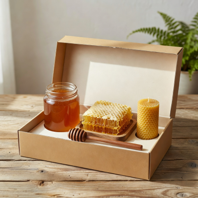Premium honey gift set with honeycomb, dipper, and beeswax candle in gift packaging