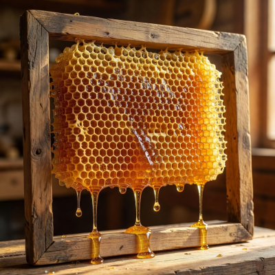 Raw honeycomb in a wooden frame dripping with golden honey